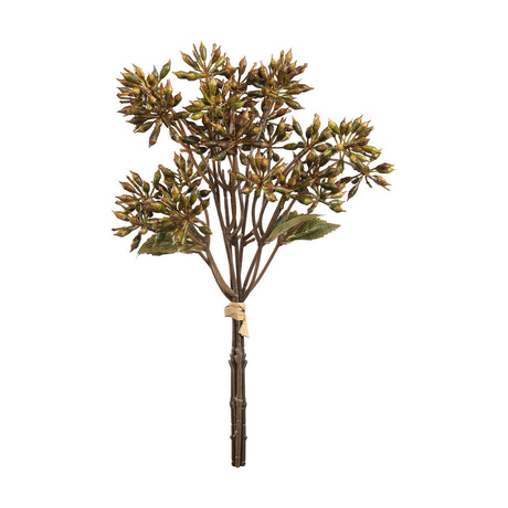 Semporna artificial flower spray with a bamboo-style brown stem branching into clusters of olive and brown seed-pod buds and a few green leaves, shown on a plain white background.