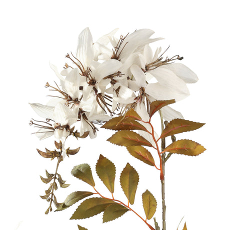Semporna artificial flower spray in white, showing clustered blooms with brown stamens, trailing seed pods, and olive serrated leaves on a rust-veined stem, set against a plain white background.