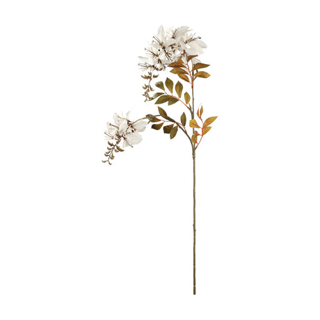 Semporna artificial flower spray in white with two blooming clusters, trailing bud sprays, and olive leaves turning rust along a long stem on a plain white background.