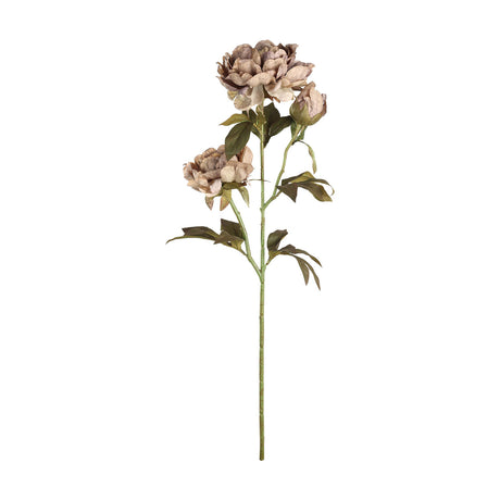 Semporna Artificial Peony in Brown on a single stem with two open blooms, one bud, and olive-green leaves, shown against a plain white background.