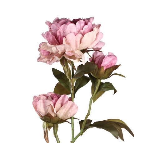 Semporna Artificial Peony in dusty pink, showing a full bloom, a half-open flower, and a closed bud on a single leafy stem against a plain white background.