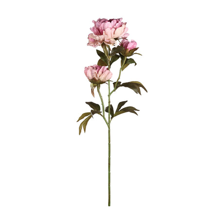 Semporna Artificial Peony in dusty pink, single stem with one full bloom, a half-open flower, a closed bud, and green leaves, shown on a plain white background.