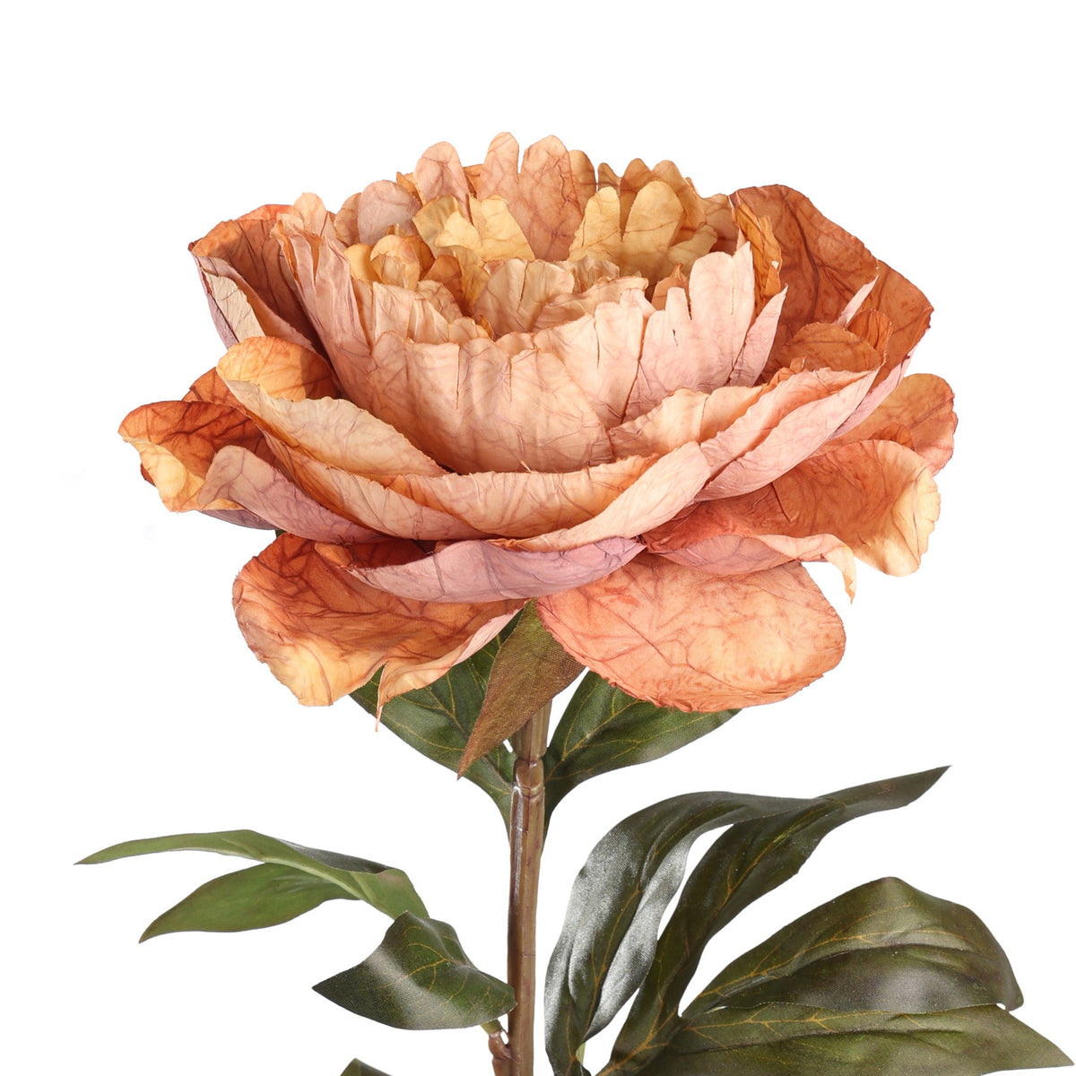 Semporna Artificial Rose in orange, a single large ruffled bloom with peach-to-burnt-orange petals and dark green leaves on a slim stem, plain white background.