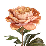 Semporna Artificial Rose in orange, a single large ruffled bloom with peach-to-burnt-orange petals and dark green leaves on a slim stem, plain white background.