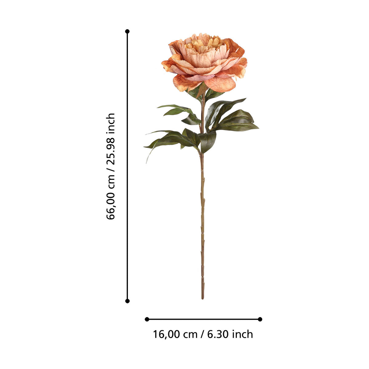 Semporna Artificial Rose in orange with a single ruffled bloom, peach-to-burnt-orange petals and dark green leaves on a slim stem, shown with measurements on a white background.
