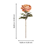 Semporna Artificial Rose in orange with a single ruffled bloom, peach-to-burnt-orange petals and dark green leaves on a slim stem, shown with measurements on a white background.