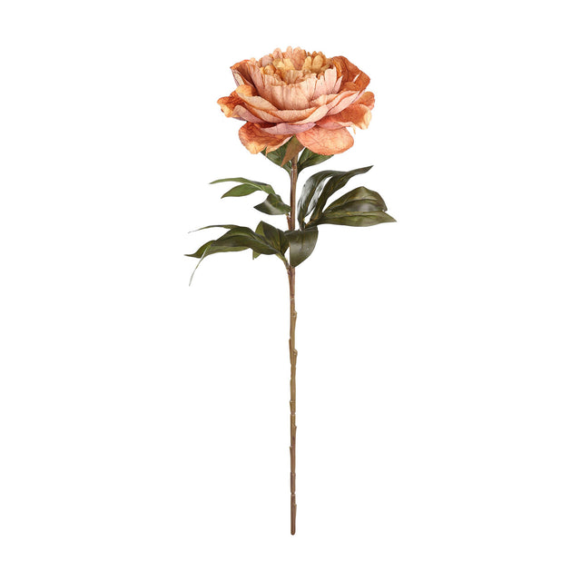 Semporna Artificial Rose in orange, a single faux stem with one large ruffled bloom shading from peach to burnt orange, dark green leaves, on a plain white background.