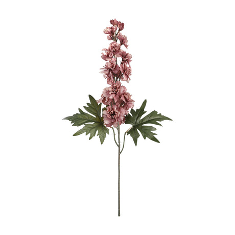 Semporna Artificial Stock in dusky pink, a tall faux flower stem with ruffled blooms, lobed green leaves, and a slender stem, shown on a plain white background.