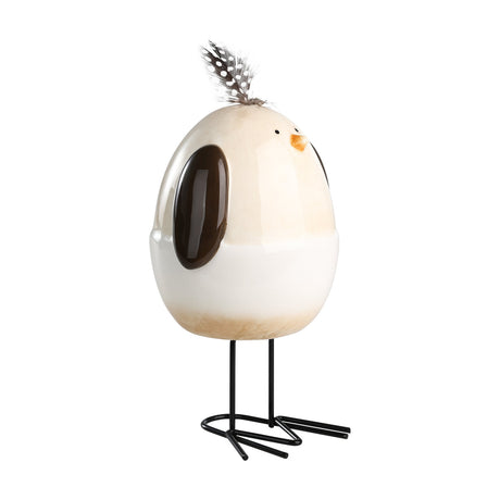 Sendayan Bird Ornament in cream and white with a glossy brown wing, orange beak, spotted feather on top, and thin black wire legs, shown on a plain white background.