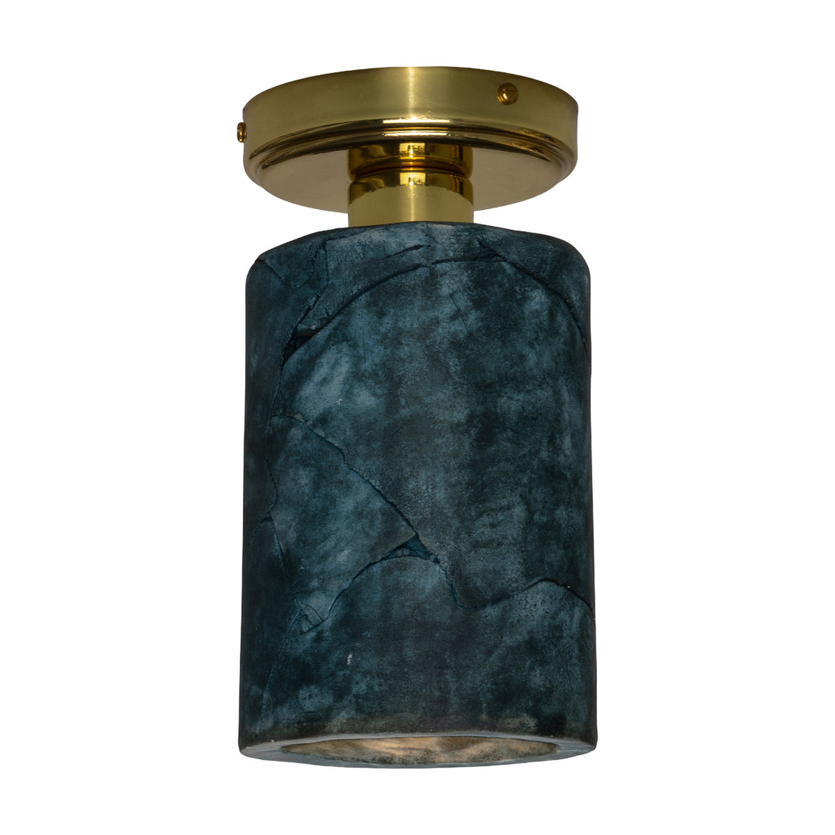 Senna Ceramic Ceiling Light in Blue Earth glaze, a cylindrical ceramic shade with dark crackled lines on a round brass ceiling canopy, shown on a plain white background.