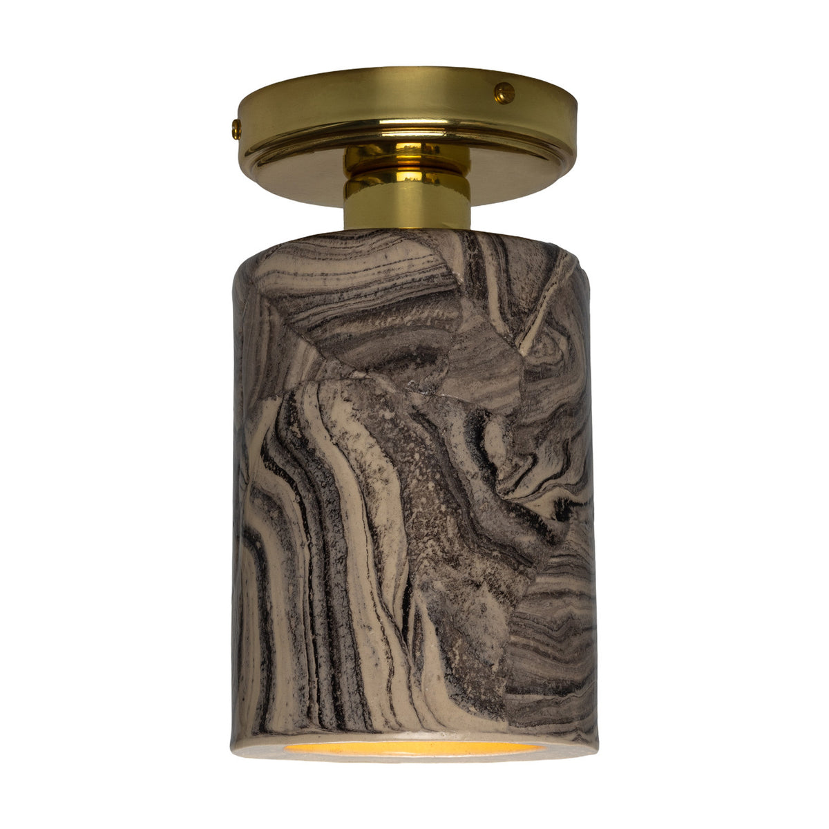Senna Ceramic Ceiling Light in Marbled grey and cream glaze, slim cylindrical shade beneath a brass round canopy, shown on a plain white background.