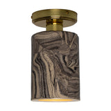 Senna Ceramic Ceiling Light in Marbled grey and cream glaze, slim cylindrical shade beneath a brass round canopy, shown on a plain white background.
