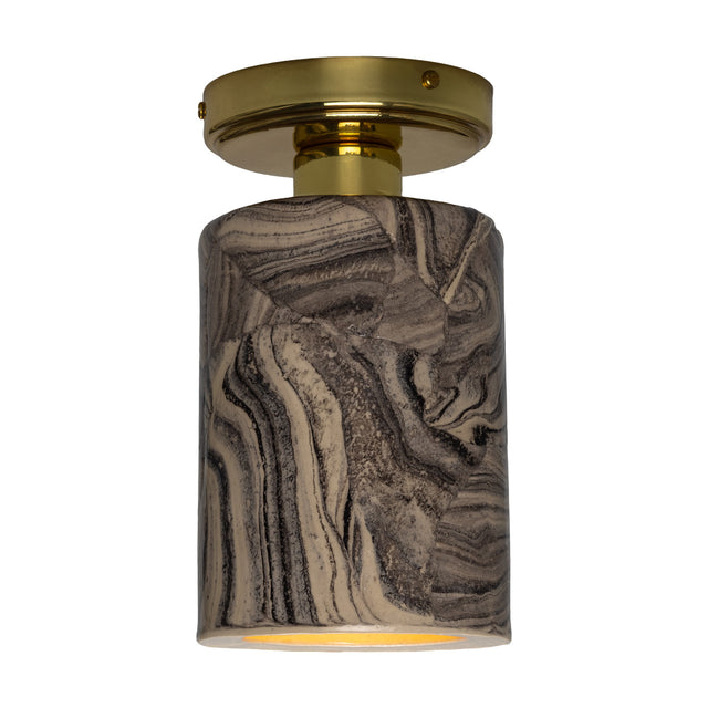 Senna Ceramic Ceiling Light in Marbled grey and cream glaze, slim cylindrical shade beneath a brass round canopy, shown on a plain white background.