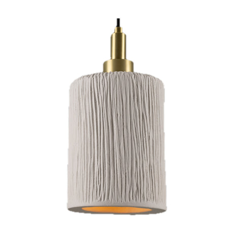 Senna Ceramic Pendant Light with a cylindrical matt white striped shade and brass lampholder, black cord, shown on a plain white background.
