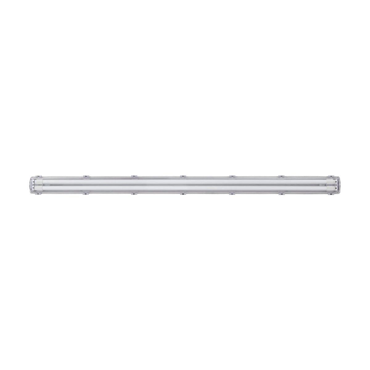 Sermessa 2 Light Tri-Proof Batten, long slim grey plastic housing with clear clip-on diffuser, G13 fitting, IP65, shown on a plain white background.