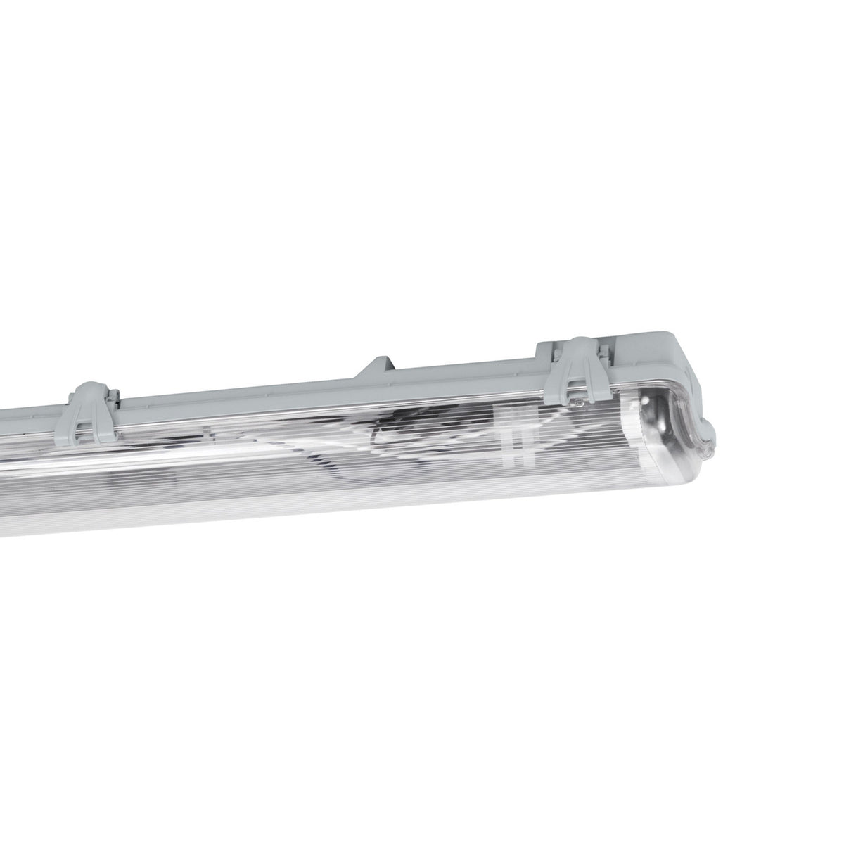 Sermessa 2-light tri-proof batten in grey plastic with a ribbed clear diffuser and mounting clips, shown at an angle against a plain white background.