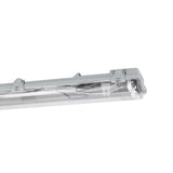 Sermessa 2-light tri-proof batten in grey plastic with a ribbed clear diffuser and mounting clips, shown at an angle against a plain white background.