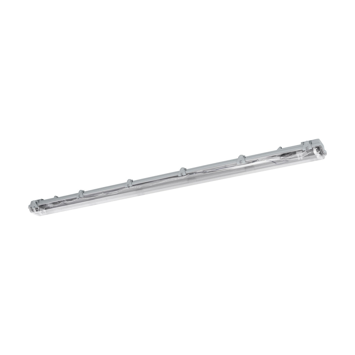 Sermessa 2-light tri-proof batten in grey plastic with clear clip-on diffuser, long slim housing, 155.8cm, IP65 rated, shown on a plain white background.