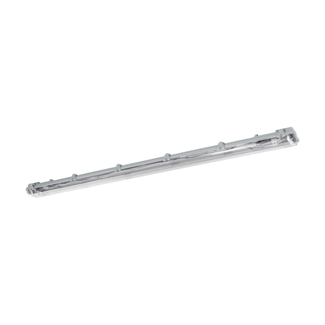 Sermessa 2-light tri-proof batten in grey plastic with clear clip-on diffuser, long slim housing, 155.8cm, IP65 rated, shown on a plain white background.