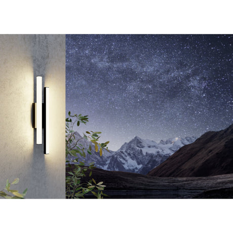 Serricella LED Outdoor Wall Light in black, two staggered square-section bars with white plastic diffusers on a slim backplate, mounted on a render wall with mountain night sky backdrop.