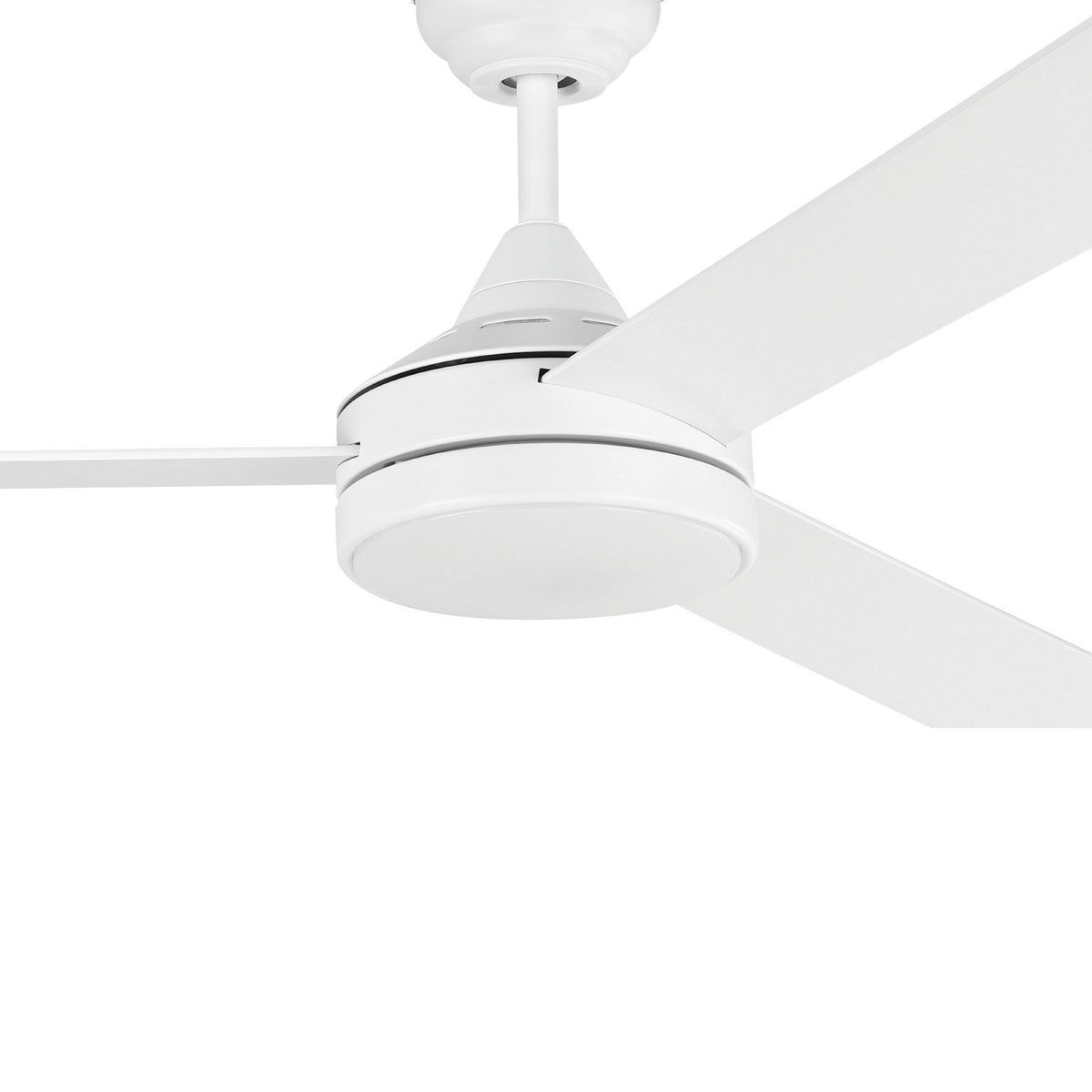 Sesimbra ceiling fan with light in matt white, close-up of steel motor housing, round acrylic LED diffuser, and three slim blades on a plain white background.