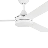 Sesimbra ceiling fan with light in matt white, close-up of steel motor housing, round acrylic LED diffuser, and three slim blades on a plain white background.