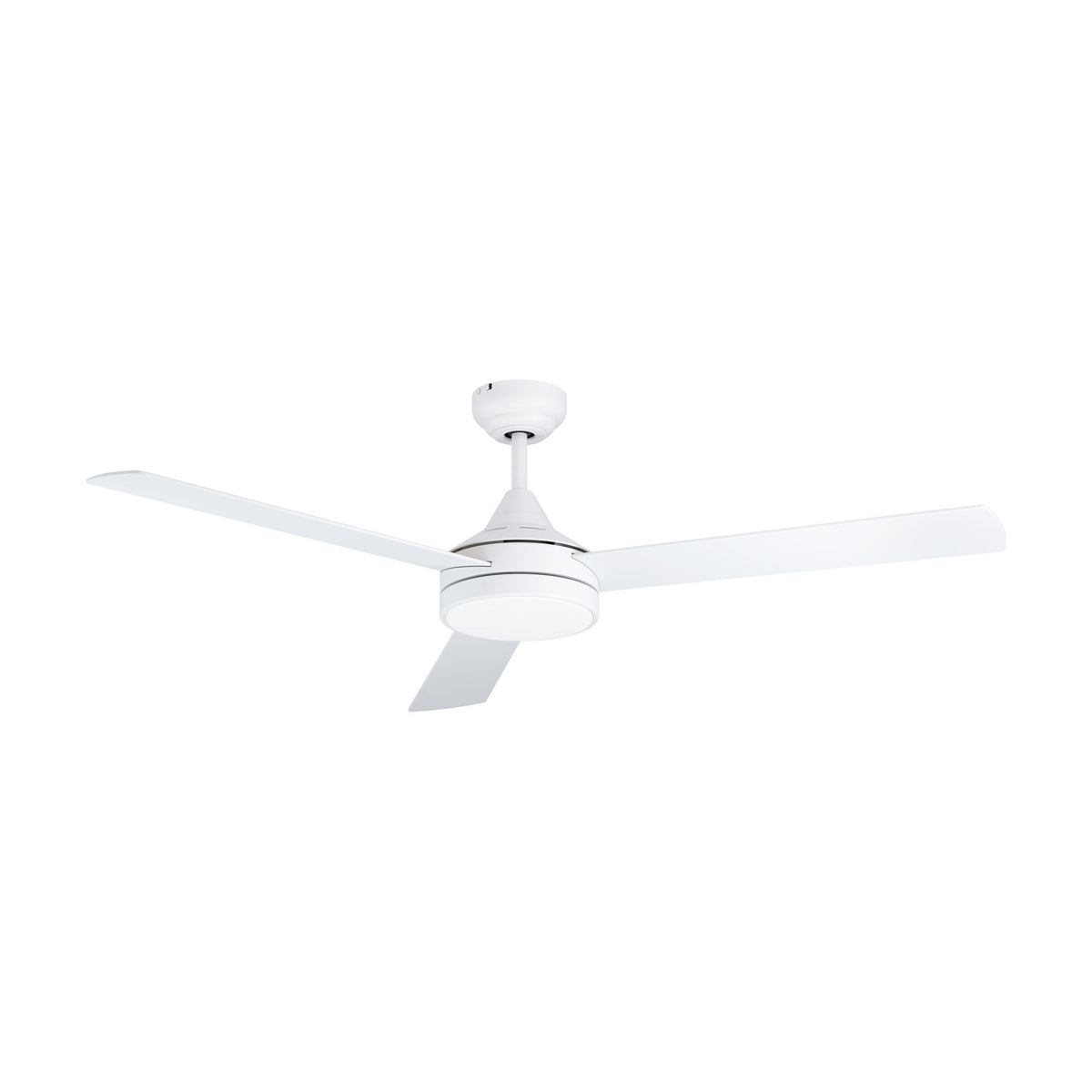 Sesimbra ceiling fan with light in matt white, featuring three slim blades, a steel motor housing, and a round acrylic LED diffuser, shown on a plain white background.