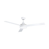 Sesimbra ceiling fan with light in matt white, featuring three slim blades, a steel motor housing, and a round acrylic LED diffuser, shown on a plain white background.