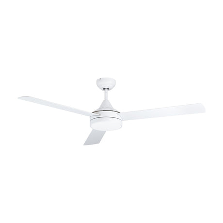 Sesimbra ceiling fan with light in matt white, featuring three slim blades, a steel motor housing, and a round acrylic LED diffuser, shown on a plain white background.