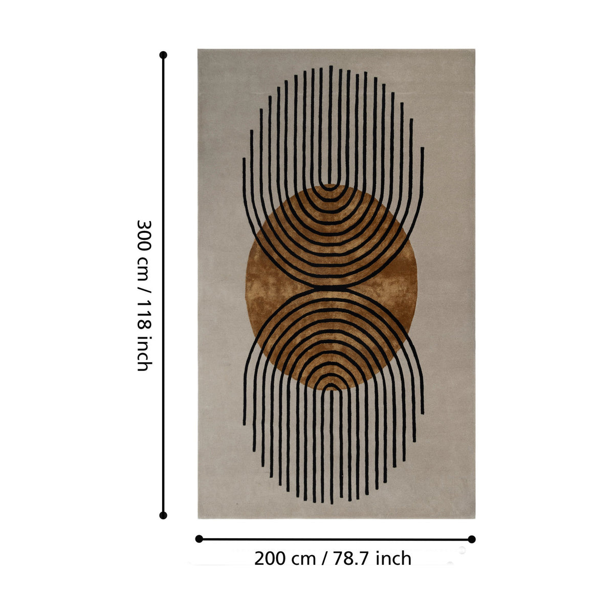 Sesulu Circle Pattern Rug, rectangular, grey ground with central ochre circle and black arcing lines radiating outward, shown with dimension markers 300 x 200cm.