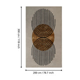 Sesulu Circle Pattern Rug, rectangular, grey ground with central ochre circle and black arcing lines radiating outward, shown with dimension markers 300 x 200cm.