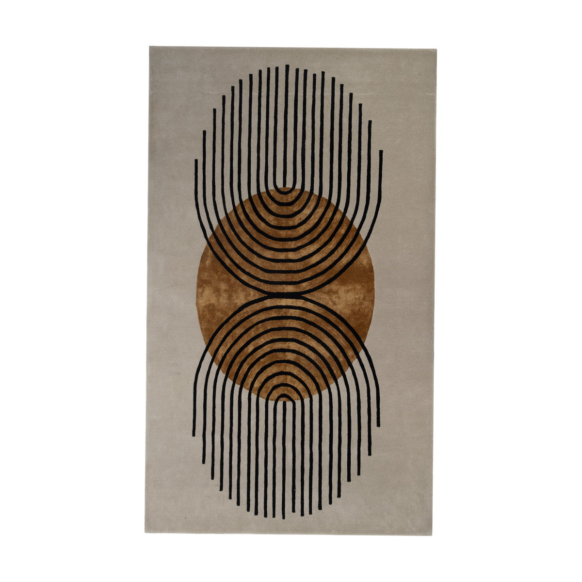 Sesulu Circle Pattern Rug, 300 x 200cm, rectangular with grey ground, central ochre circle, and black concentric arc lines radiating outward, shown on a plain white background.