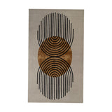 Sesulu Circle Pattern Rug, 300 x 200cm, rectangular with grey ground, central ochre circle, and black concentric arc lines radiating outward, shown on a plain white background.