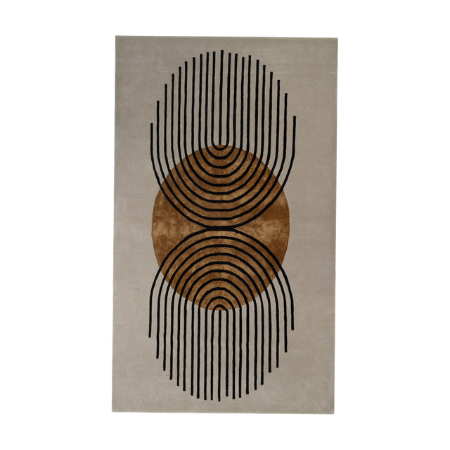 Sesulu Circle Pattern Rug, 300 x 200cm, rectangular with grey ground, central ochre circle, and black concentric arc lines radiating outward, shown on a plain white background.