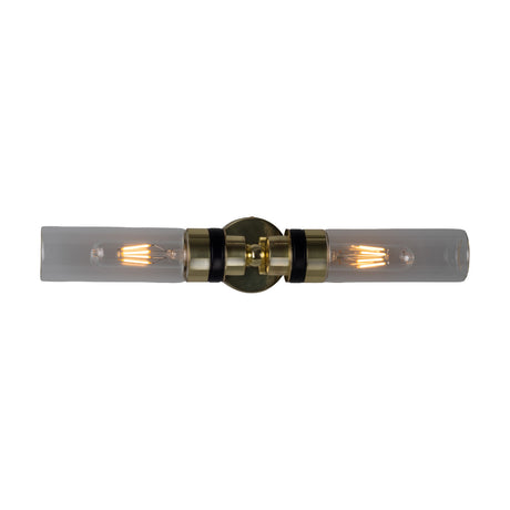 Severn Glass Twin Wall Light IP65, a horizontal brass fitting with two slim clear glass tubes and black trim rings, each holding a visible bulb, on a plain white background.