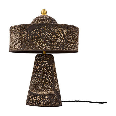Seville 3 Light Ceramic Mushroom Table Lamp in Black Clay, with a wide drum shade and tapered base in crackled dark glaze, brass finial and stem, shown on a white background.