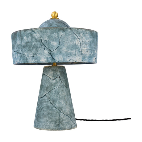 Seville 3 Light Ceramic Mushroom Table Lamp in Blue Earth, with a mottled blue glazed drum shade and tapered cone base, brass finial and stem, on a plain white background.