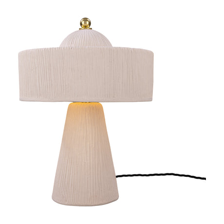 Seville 3 Light Ceramic Mushroom Table Lamp in Matt White Striped, with a tapering conical base, wide drum shade, domed top and brass ball finial, shown lit against a plain white background.