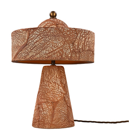 Seville 3 Light Ceramic Mushroom Table Lamp in Red Iron, tapering conical base and wide drum shade with crackled rust-red glaze, dome top and ball finial, on a plain white background.