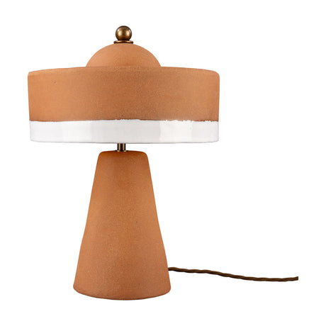 Seville 3 Light Ceramic Mushroom Table Lamp in terracotta, wide drum shade with glossy white lower band, domed top with ball finial and tapering cone base, set against a plain white background.