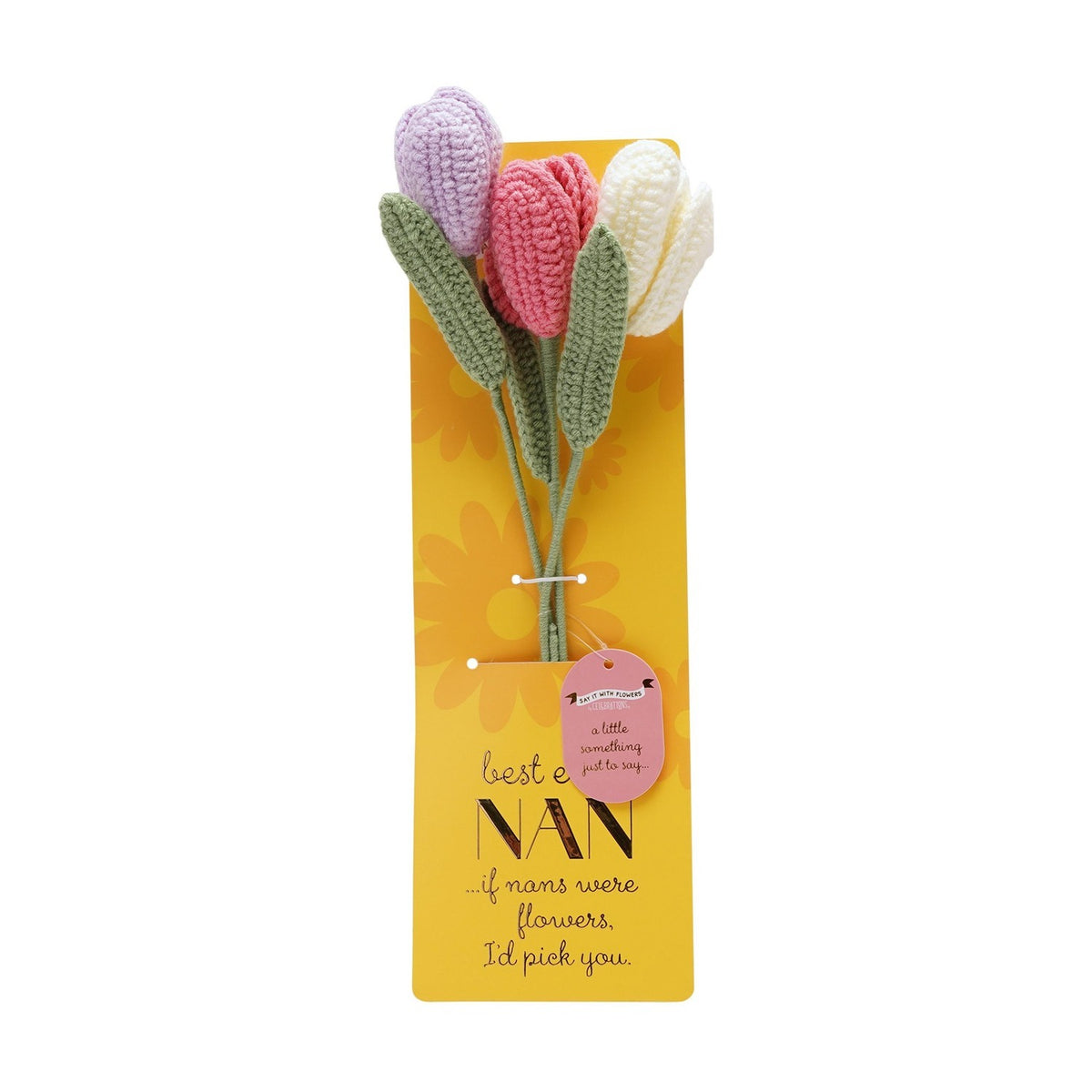 Crochet tulip flower bundle with lilac, pink, and cream tulip heads on sage-green stems, mounted on a yellow "Best Ever Nan" message card against a white background.