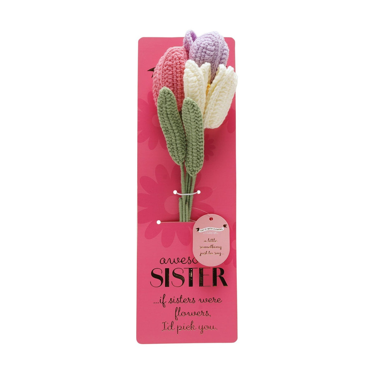 Awesome Sister Crochet Tulip Flower Bundle with Tag - Pink