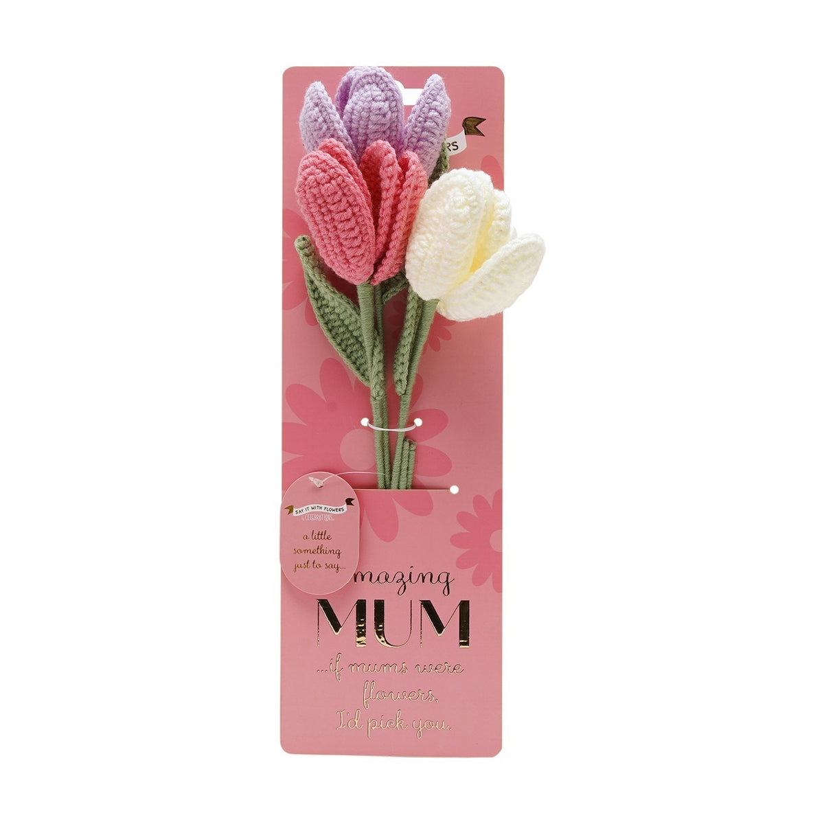 Amazing Mum Crochet Tulip Flower Bundle with Gift Tag - Pink