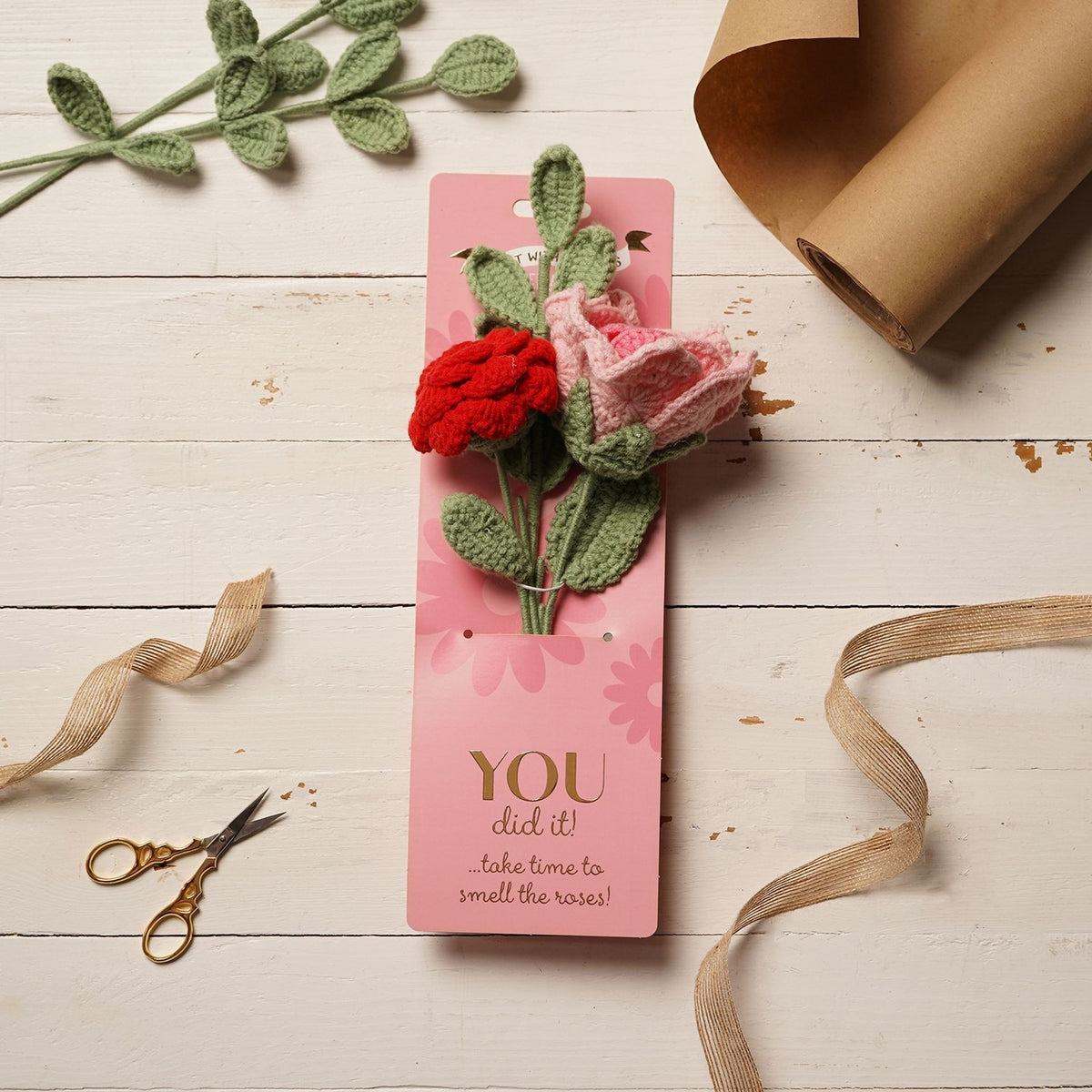 You Did It Crochet Rose Flower Bundle with Card - Pink & Green