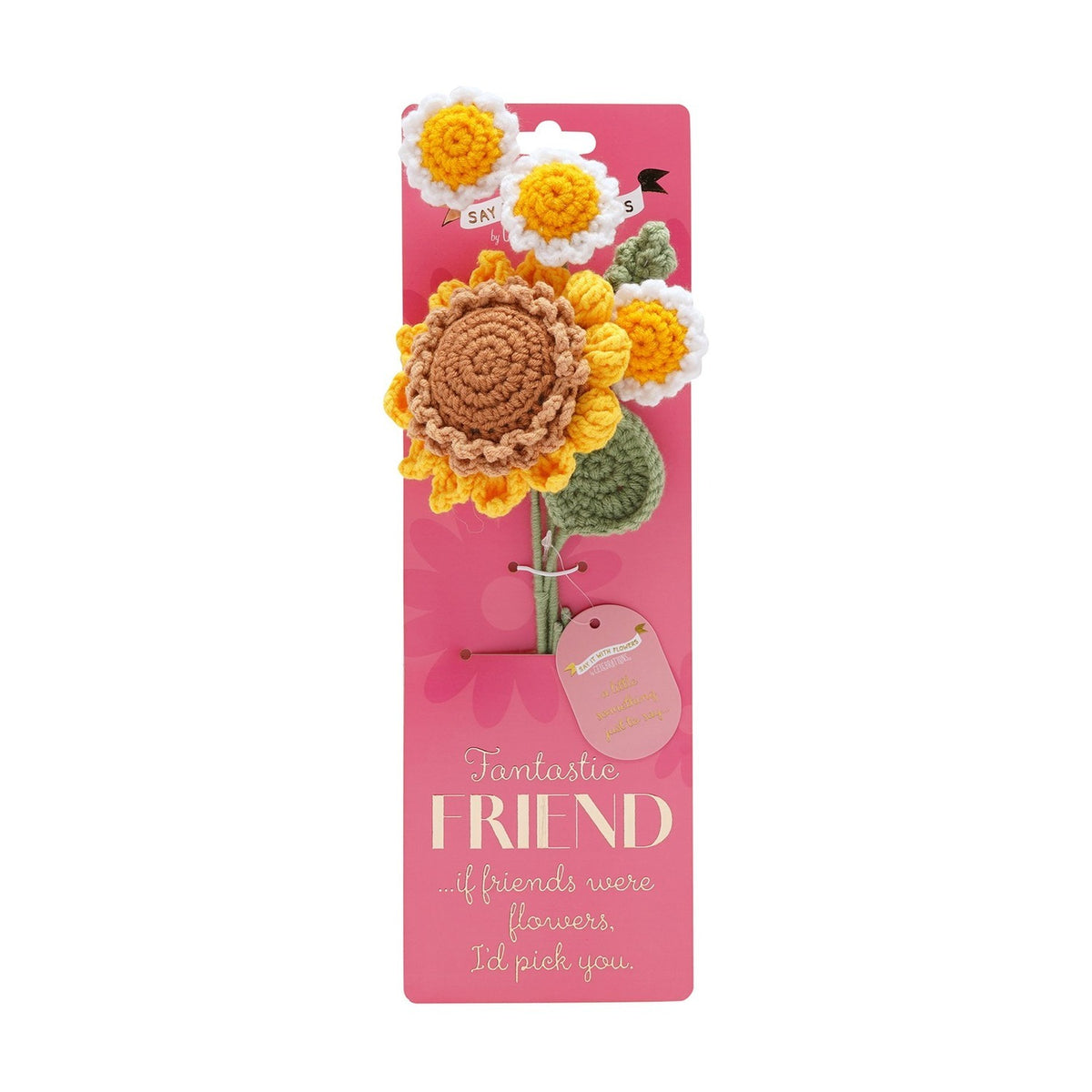 Crochet flower bundle with a yellow sunflower and three white daisies on green stems, mounted on pink "Fantastic Friend" packaging card.