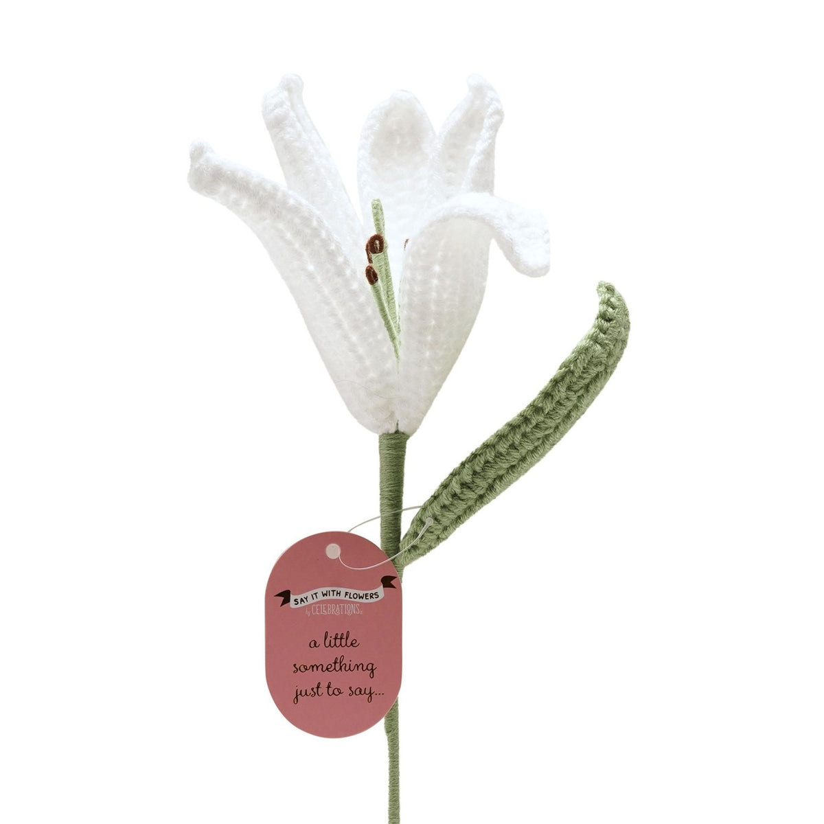 Crochet Lily Stem Ornament with Leaf 37cm - White & Green
