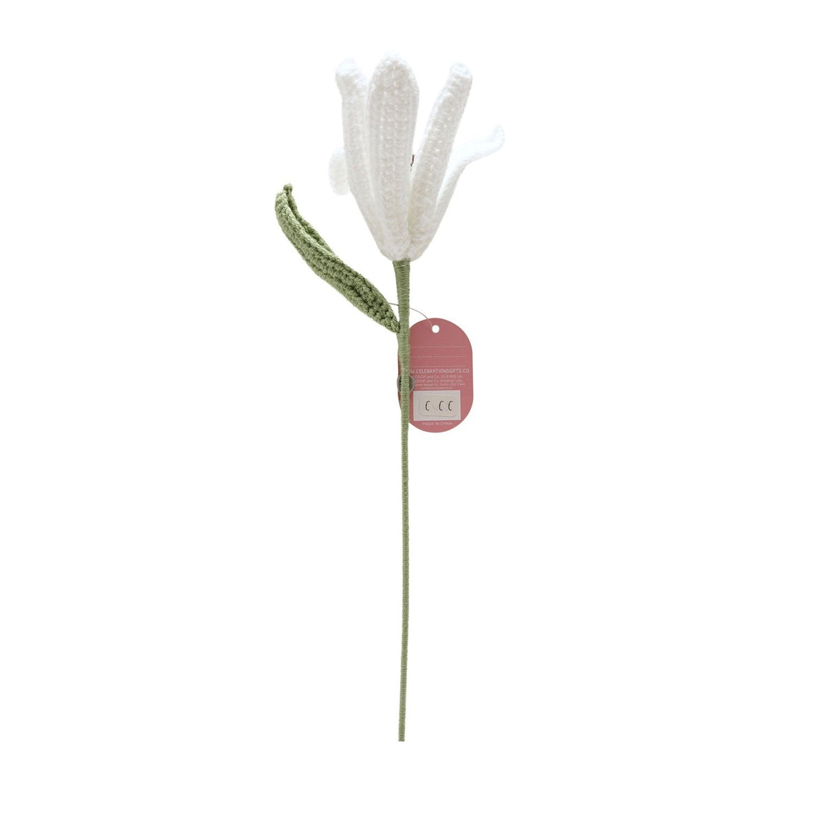 Crochet Lily Stem Ornament with Leaf 37cm - White & Green