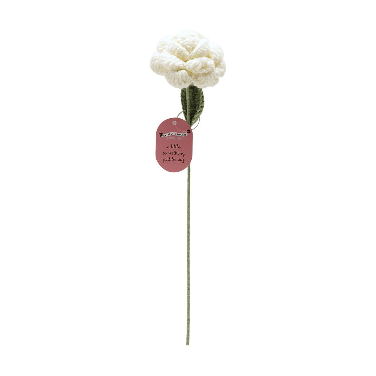 Crochet Single Rose Stem with Green Leaf 36cm - White