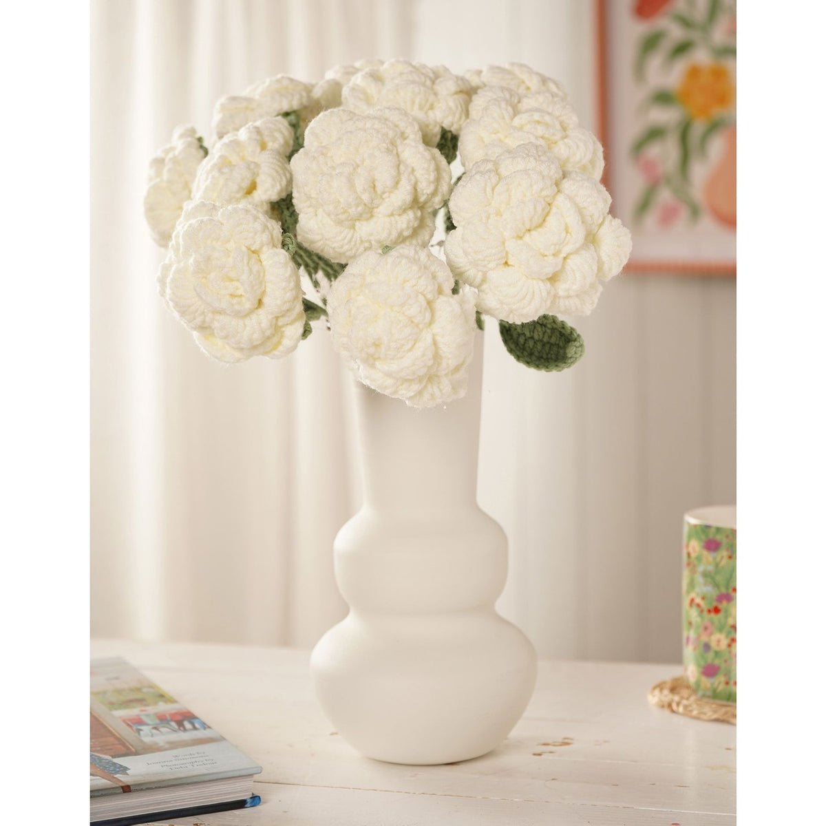 Crochet Single Rose Stem with Green Leaf 36cm - White