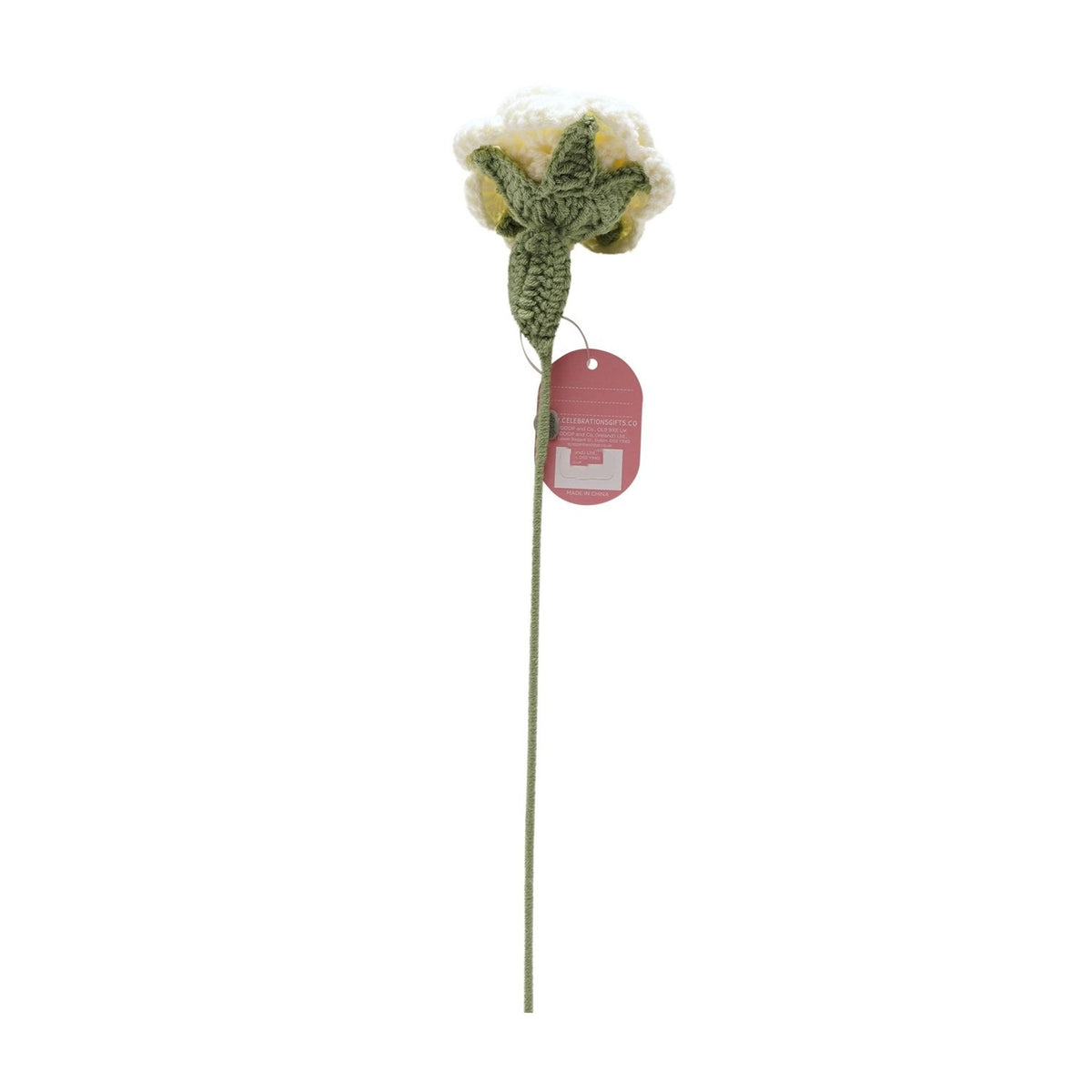 Crochet Single Rose Stem with Green Leaf 36cm - White